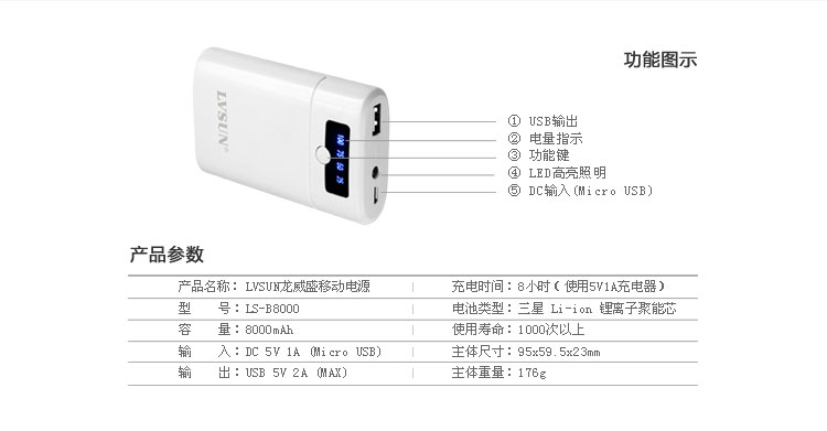 智能宝商务移动电源LS-B8000功能参数