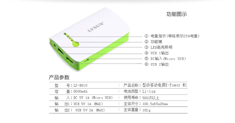 型动移动电源X-Power M2 LS-B810功能参数