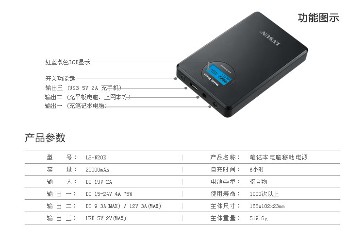 笔记本电脑移动电源ls-n20k产品功能参数